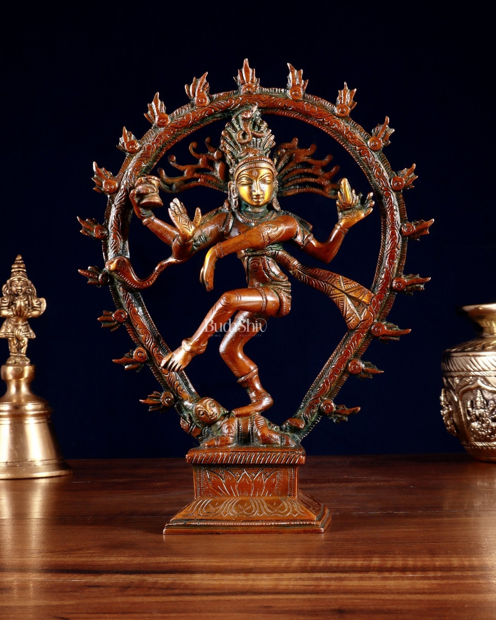 Brass Nataraja with Oval Ring & Lotus on base 9.3" | 100% Certified Copper & Brass - Sama Homes Idol - Brass Sculpture - Eco-friendly - Sama Homes