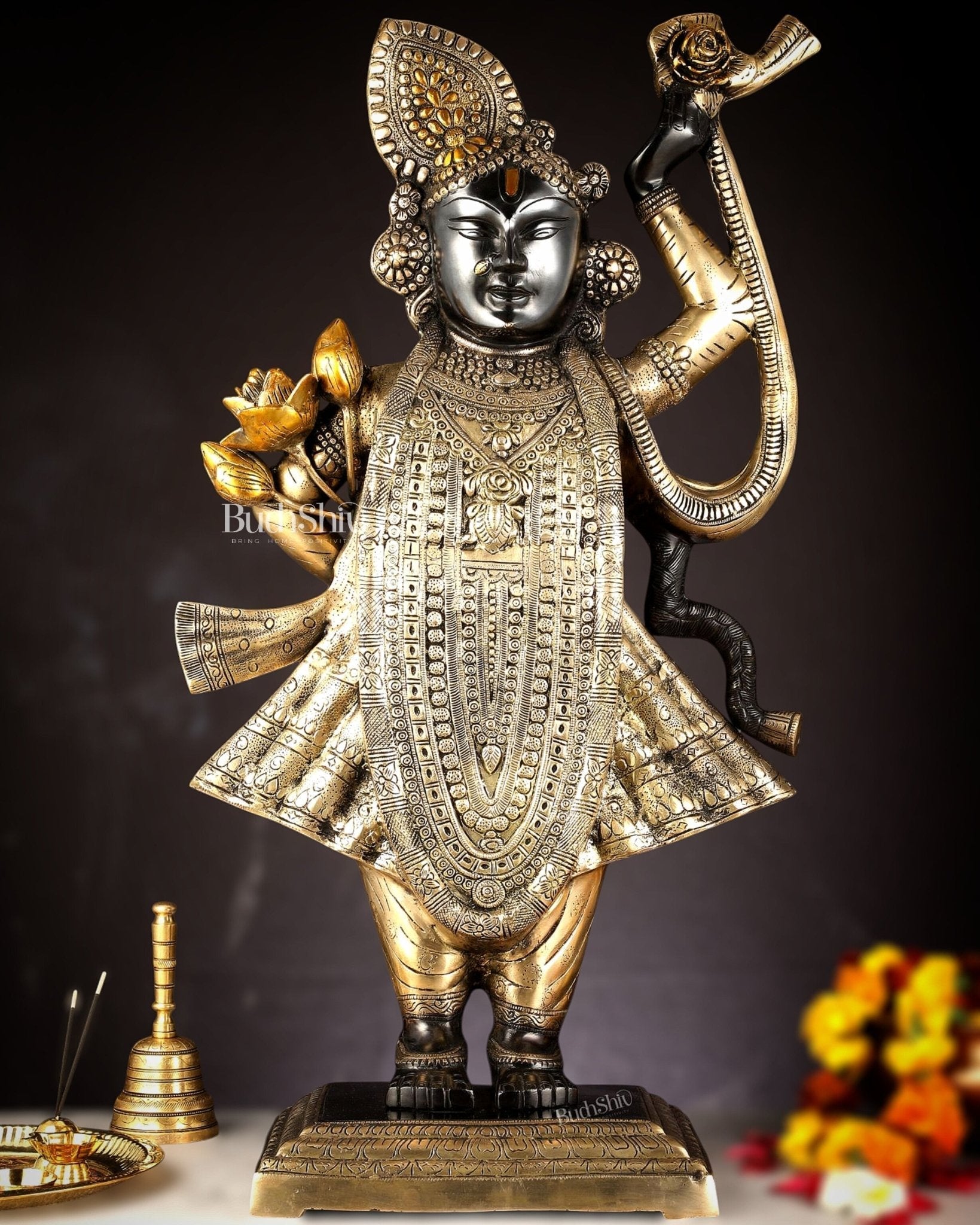 Brass Nathdwara Srinath Ji Murti Large | 32 " | 100% Certified Copper & Brass - Sama Homes Idol - Brass Sculpture - Eco-friendly - Sama Homes