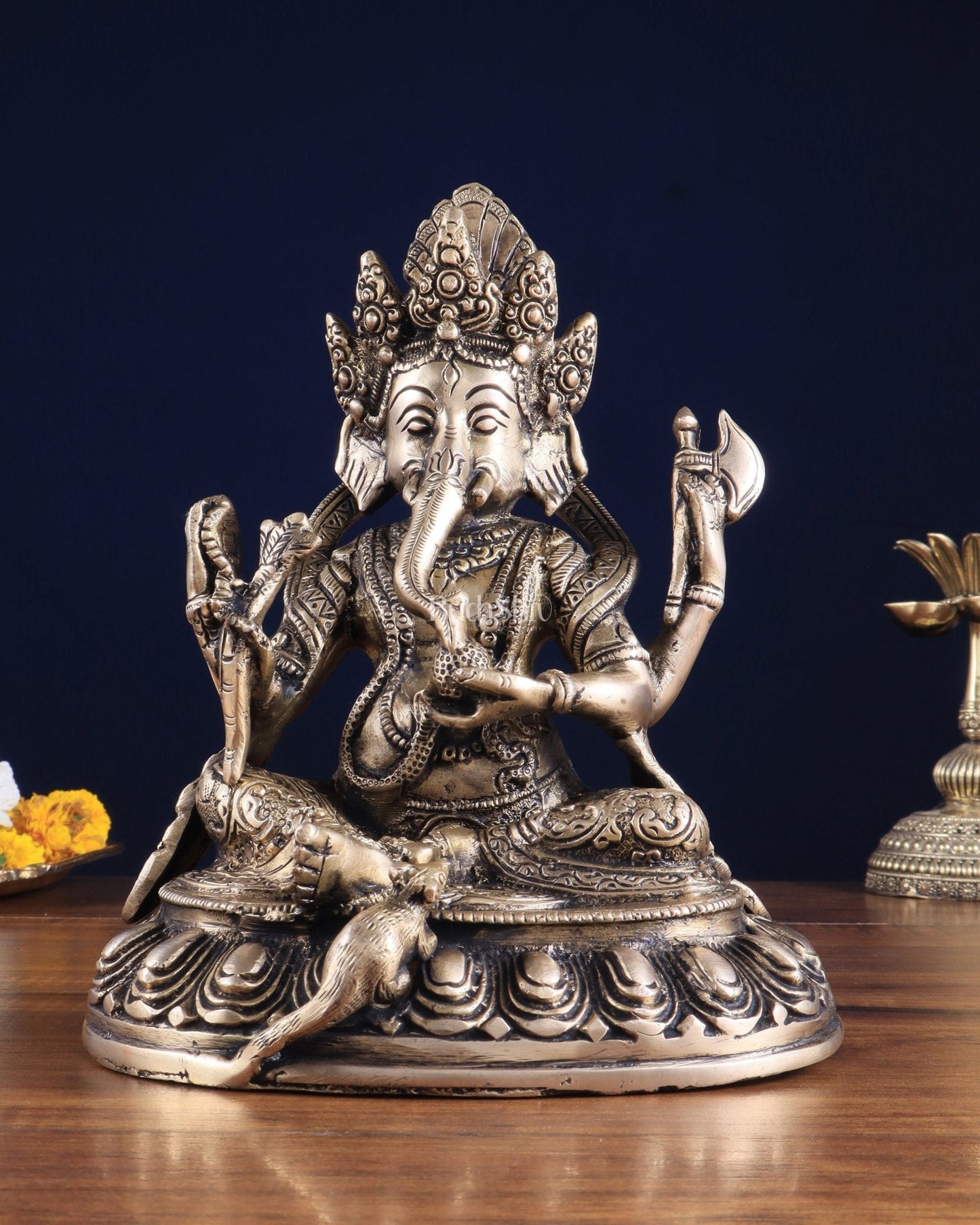 Brass Nepalese Style Ganesha Statue – 8" x 6.5" x 5.5" | Traditional Artistic Idol | 100% Certified Copper & Brass - Sama Homes Idol - Brass Sculpture