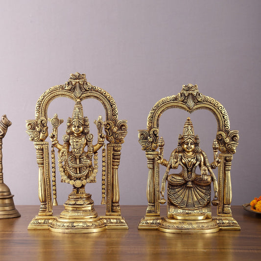 Brass Padmavati Thayar Lakshmi & Tirupati Balaji Statue Set with Thiruvachi Arch - 12 Inch | 100% Certified Copper & Brass - Sama Homes Idol - Brass Sculpture