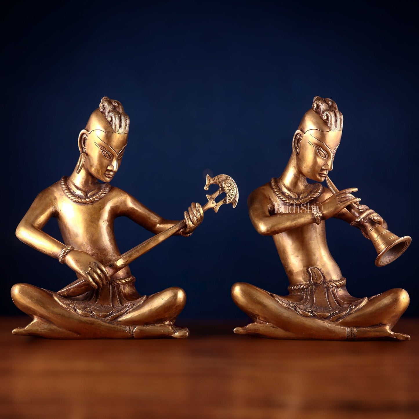 Brass pair of tansen musicians 18" | 100% Certified Copper & Brass - Sama Homes Idol - Brass Sculpture