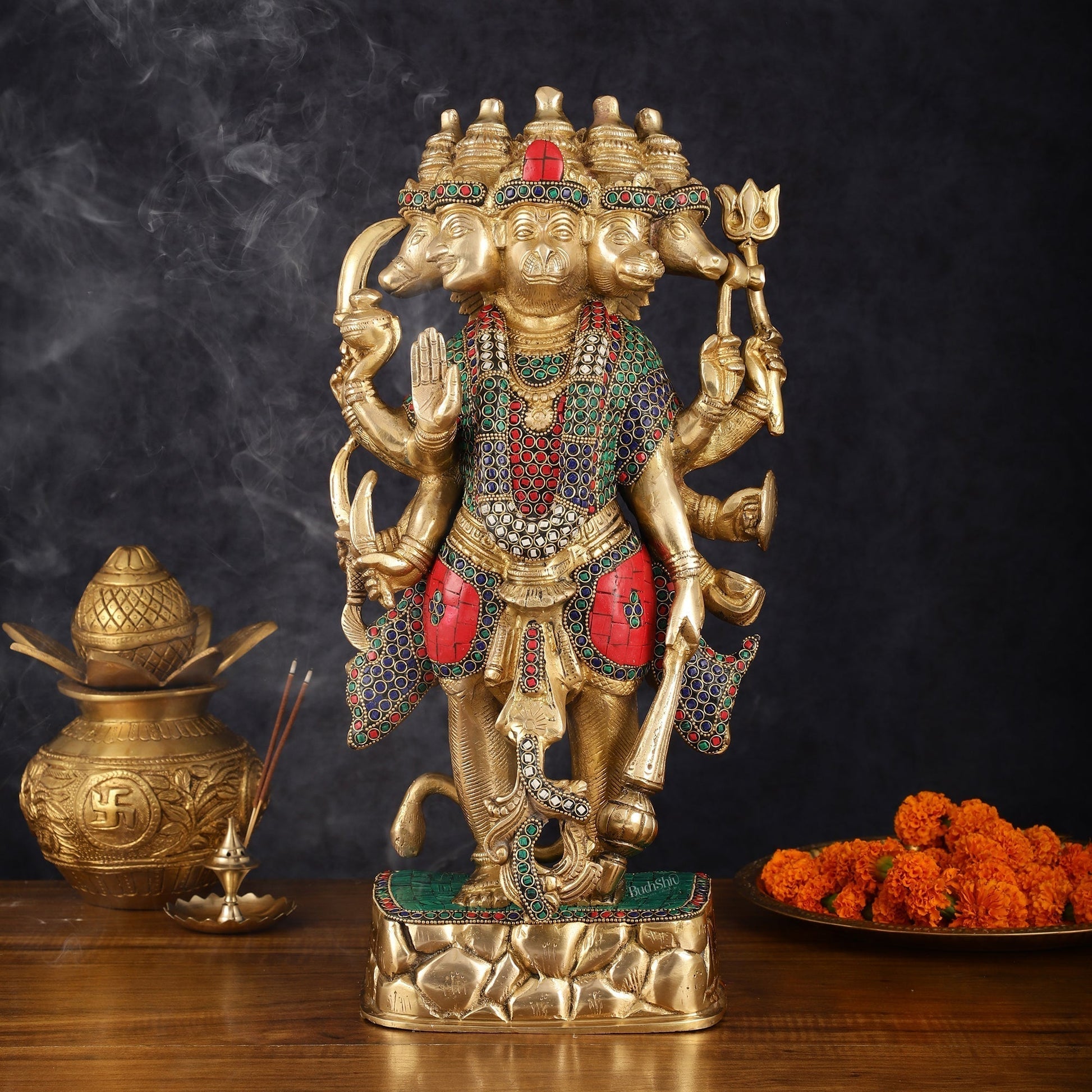 Brass Panch Mukhi Hanuman Statue with Stonework - 17.5 Inches | 100% Certified Copper & Brass - Sama Homes Idol - Brass Sculpture - Eco-friendly - Sama Homes