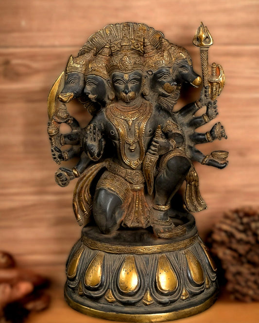 Brass Panchmukhi Hanuman 13" sandstone finish | 100% Certified Copper & Brass - Sama Homes Idol - Brass Sculpture