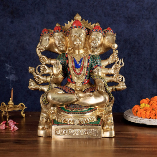 Brass Panchmukhi Hanuman large Idol 17 inch with stonework | 100% Certified Copper & Brass - Sama Homes Idol - Brass Sculpture