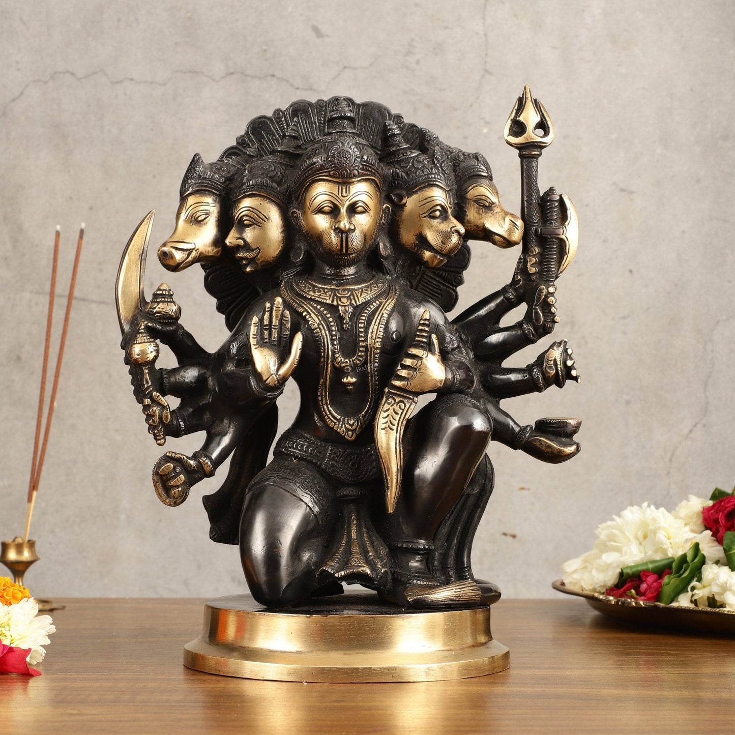 Brass Panchmukhi Hanuman Statue - 11" Height, Black and Gold Finish | 100% Certified Copper & Brass - Sama Homes Idol - Brass Sculpture