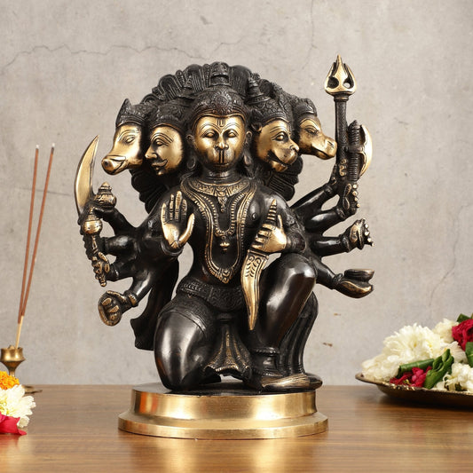 Brass Panchmukhi Hanuman Statue - 11" Height, Black and Gold Finish | 100% Certified Copper & Brass - Sama Homes Idol - Brass Sculpture