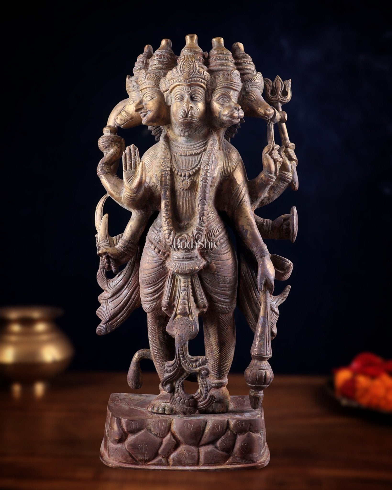 Brass PanchMukhi Hanuman Statue  - 17.5 Inches vintage tone | 100% Certified Copper & Brass - Sama Homes Idol - Brass Sculpture - Eco-friendly - Sama Homes