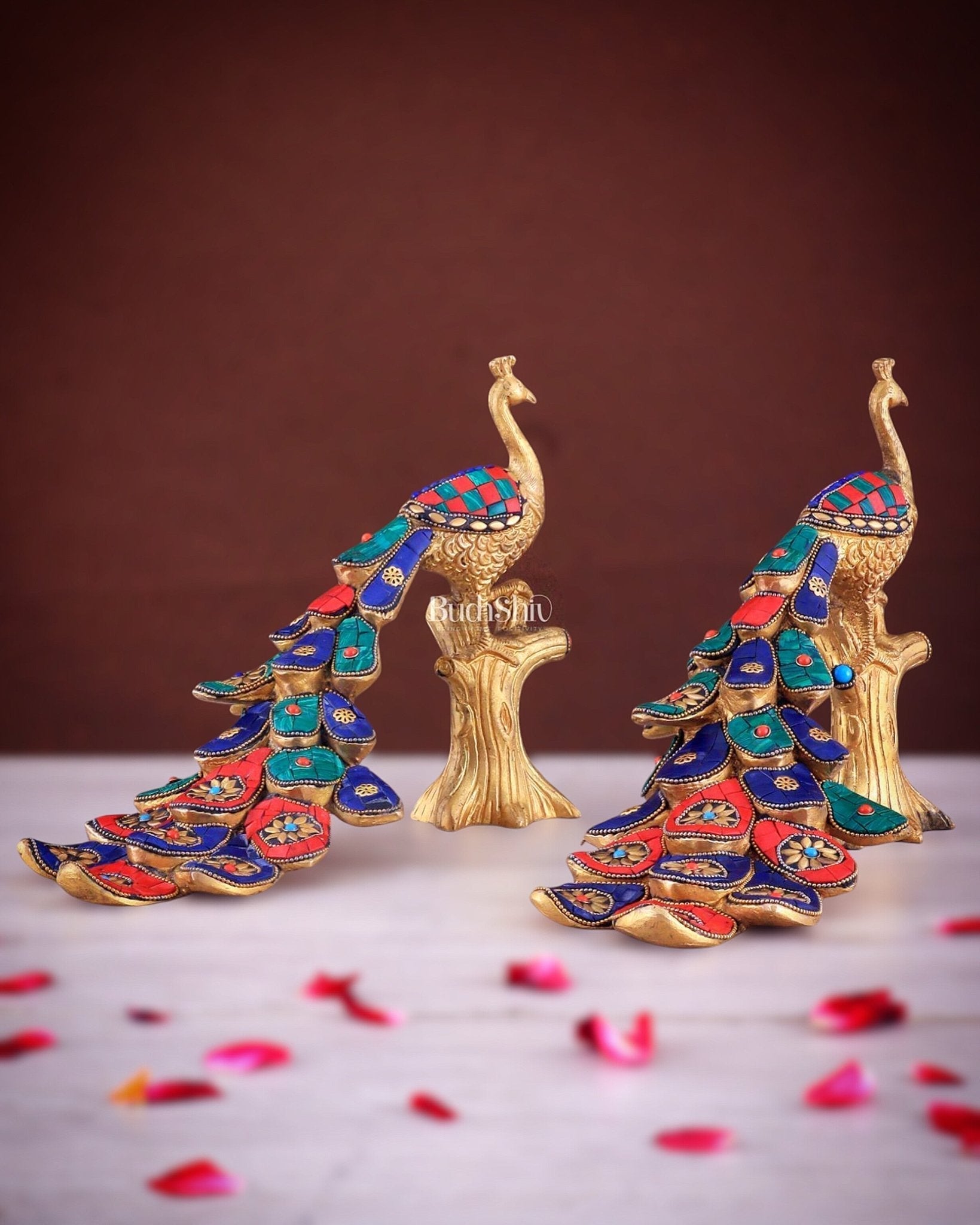 Brass peacock showpiece 12 inch multicolour stonework | 100% Certified Copper & Brass - Sama Homes Idol - Brass Sculpture - Eco-friendly - Sama Homes
