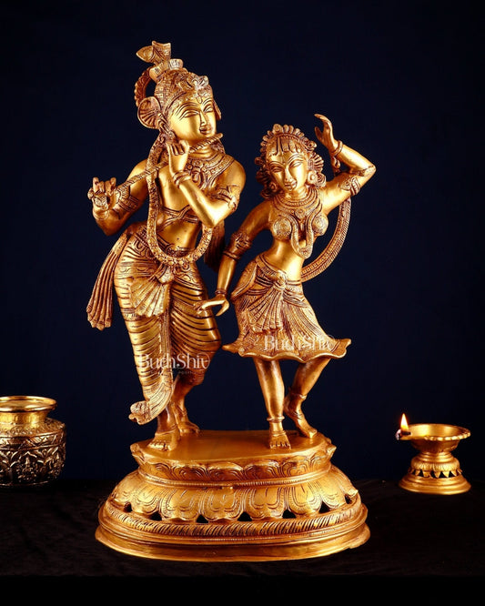 Brass Radha Krishna Dancing Statue 23 inch golden hue | 100% Certified Copper & Brass - Sama Homes Idol - Brass Sculpture