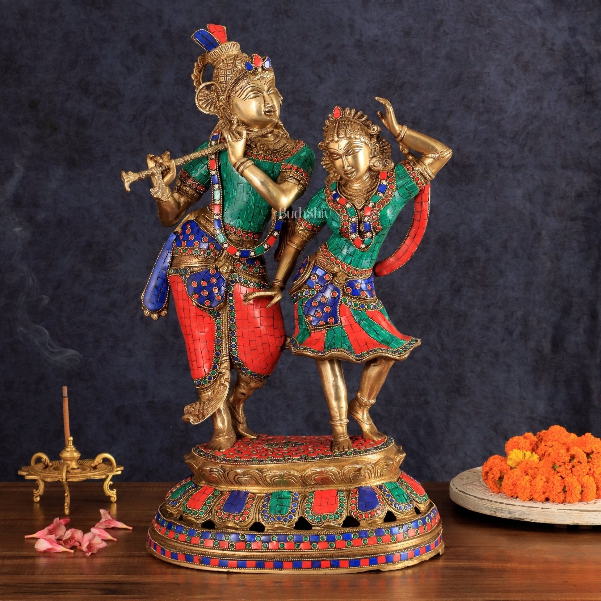 Brass Radha Krishna Dancing together with meenakari 23" | 100% Certified Copper & Brass - Sama Homes Idol - Brass Sculpture - Eco-friendly - Sama Homes