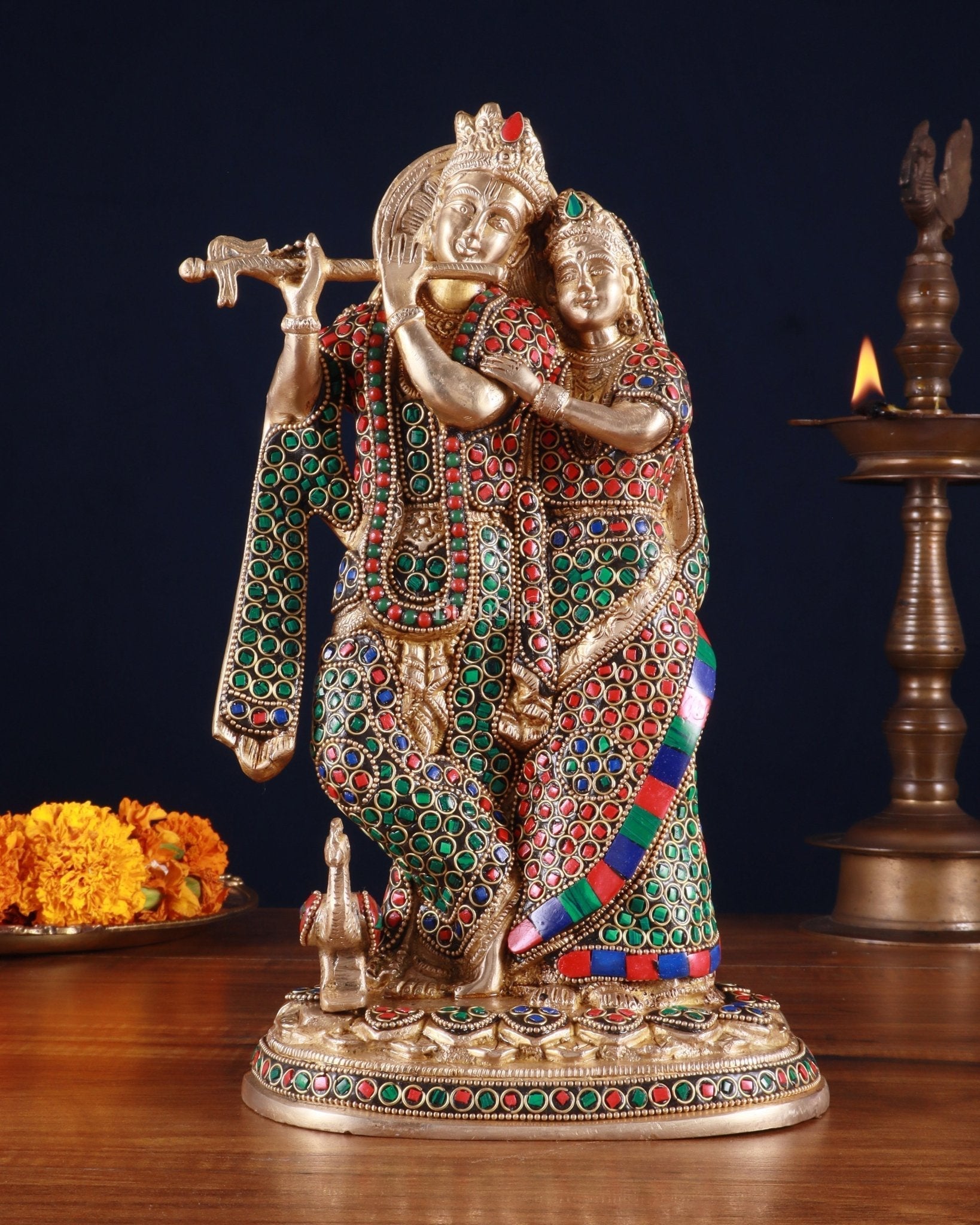 Brass Radha Krishna Idol 12 inch multicolour stonework | 100% Certified Copper & Brass - Sama Homes Idol - Brass Sculpture - Eco-friendly - Sama Homes