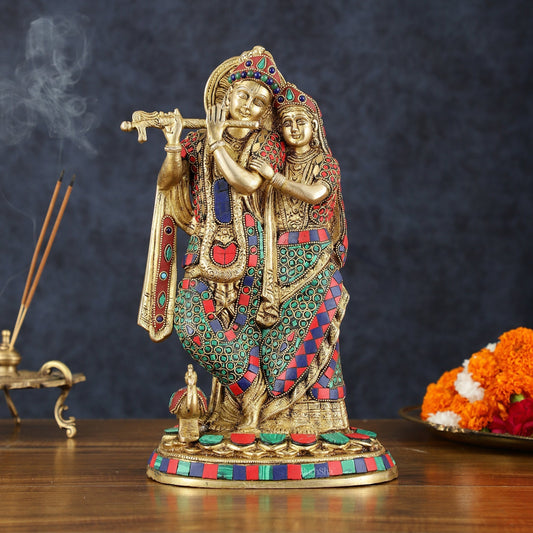 Brass Radha Krishna Idol 12 inch with stonework | 100% Certified Copper & Brass - Sama Homes Idol - Brass Sculpture