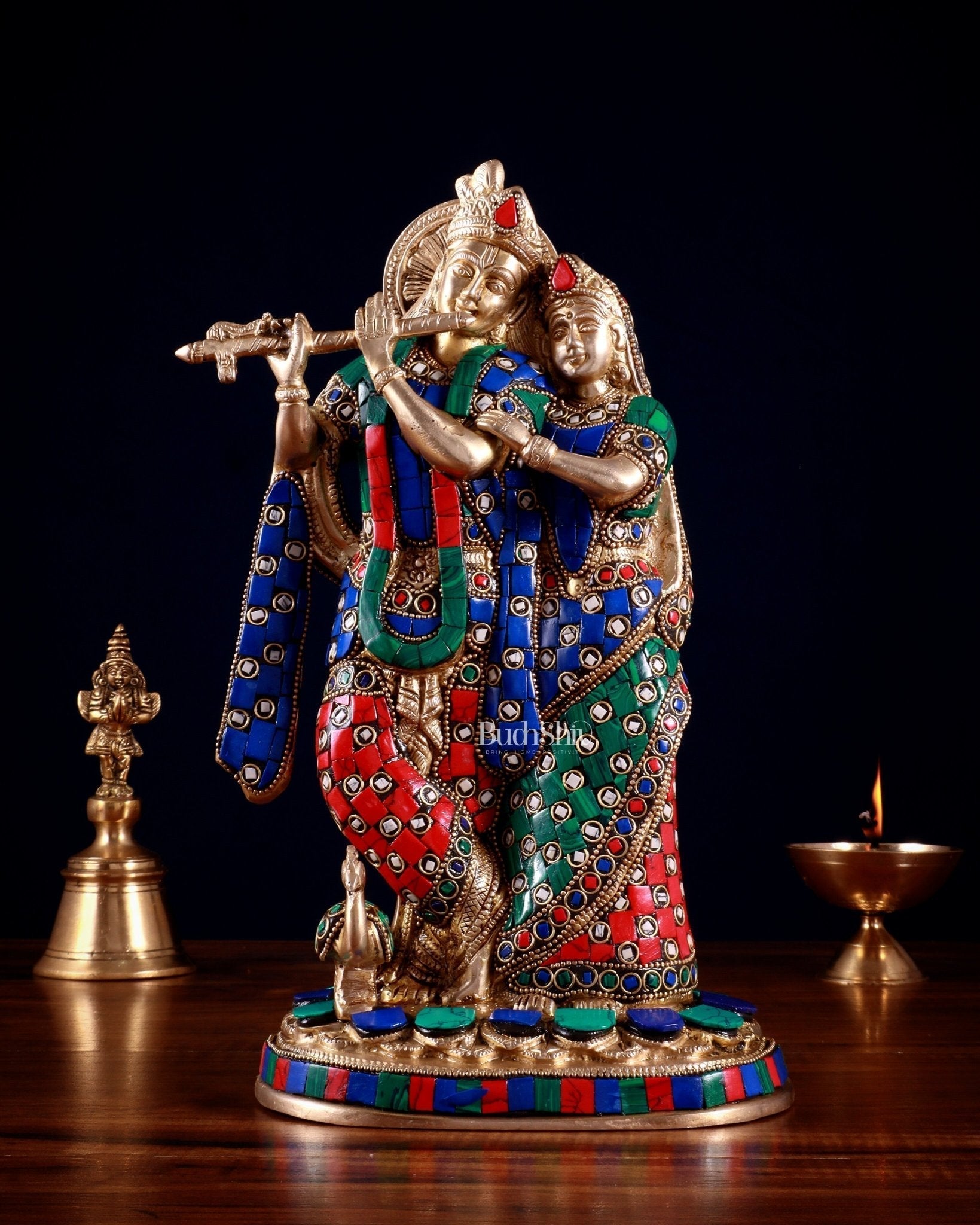 Brass Radha Krishna Idol 12 stonework | 100% Certified Copper & Brass - Sama Homes Idol - Brass Sculpture - Eco-friendly - Sama Homes