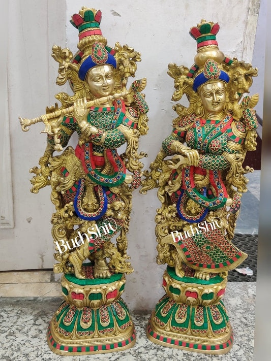 Sama Homes-radha krishna brass idols 29 inches height with double layered meenakari stonework
