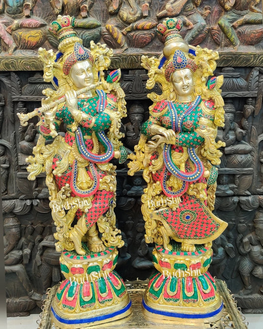Sama Homes-radha krishna brass idols 29 inches height with triple layered meenakari stonework