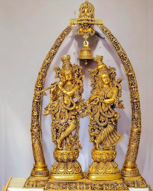 Sama Homes-pure brass radha krishna idols with a temple arch engraved krishna story 45