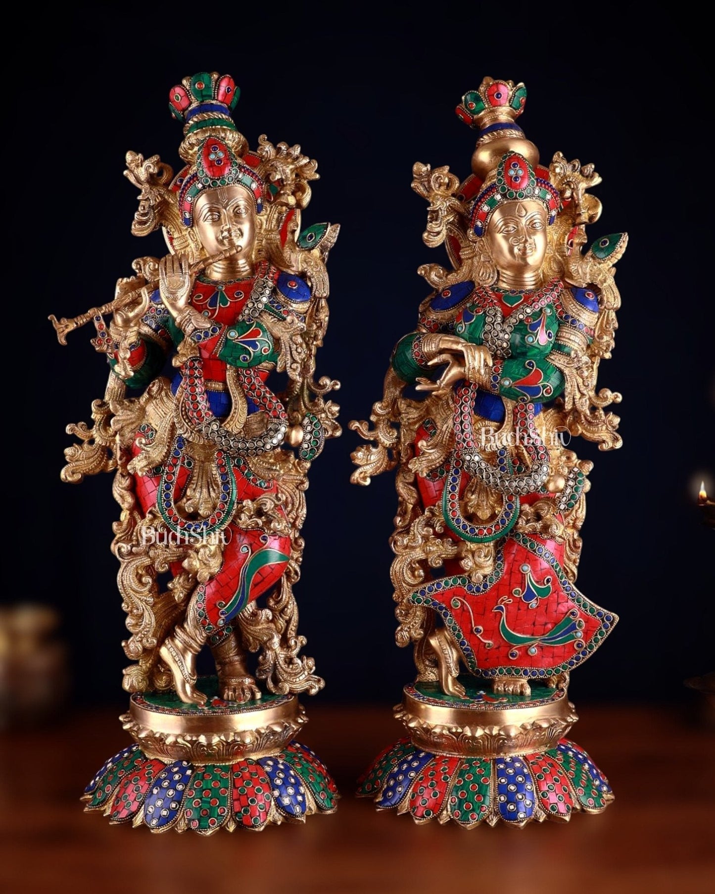 Brass Radha Krishna Idols with Lotus Base 27 inch | 100% Certified Copper & Brass - Sama Homes Idol - Brass Sculpture