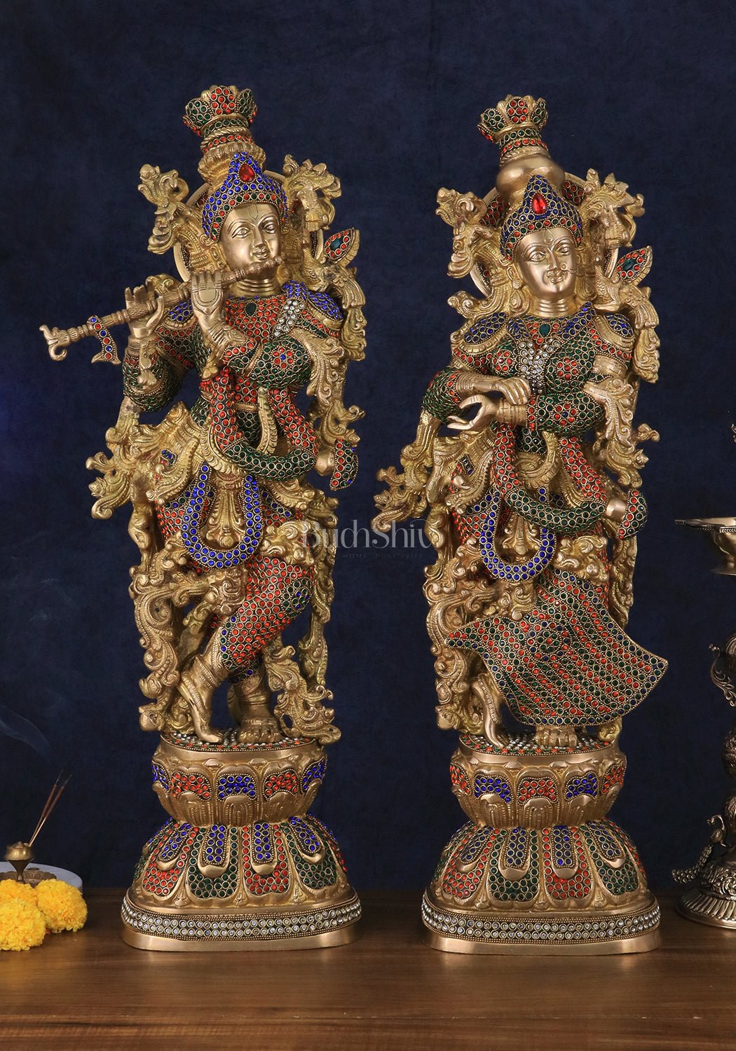 Brass Radha Krishna Idols with Meenakari jewel work - 29" Tall, 33 kg Pair | 100% Certified Copper & Brass - Sama Homes Idol - Brass Sculpture - Eco-friendly - Sama Homes