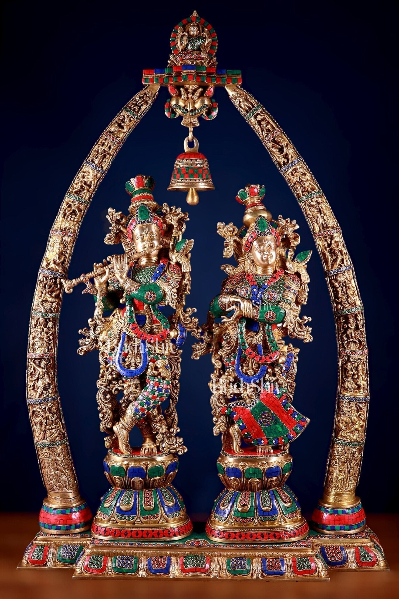 Brass Radha Krishna Idols with temple arch 45 inches | 100% Certified Copper & Brass - Sama Homes Idol - Brass Sculpture - Eco-friendly - Sama Homes
