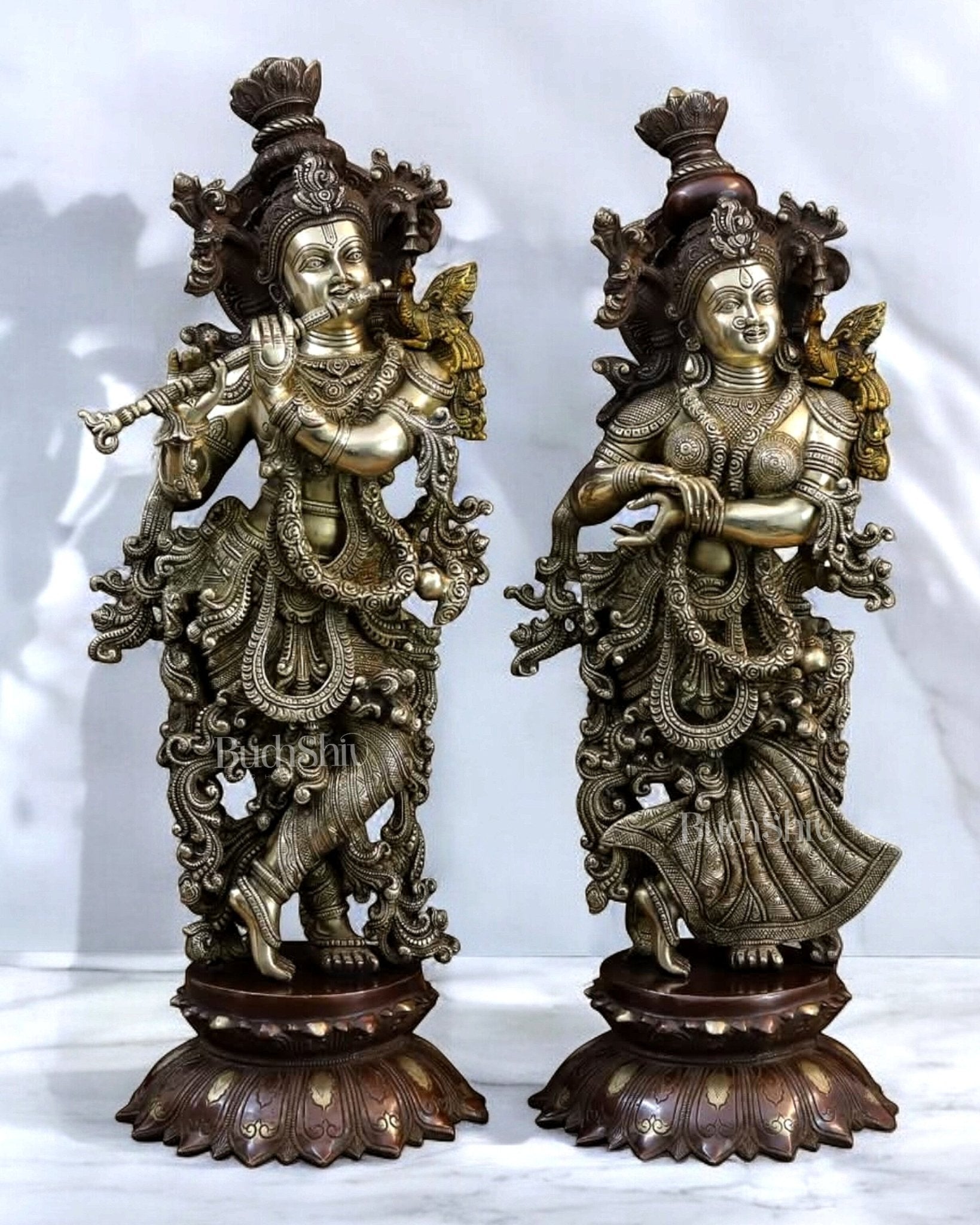 Brass Radha Krishna on lotus Idols - 27 Inches | 100% Certified Copper & Brass - Sama Homes Idol - Brass Sculpture - Eco-friendly - Sama Homes