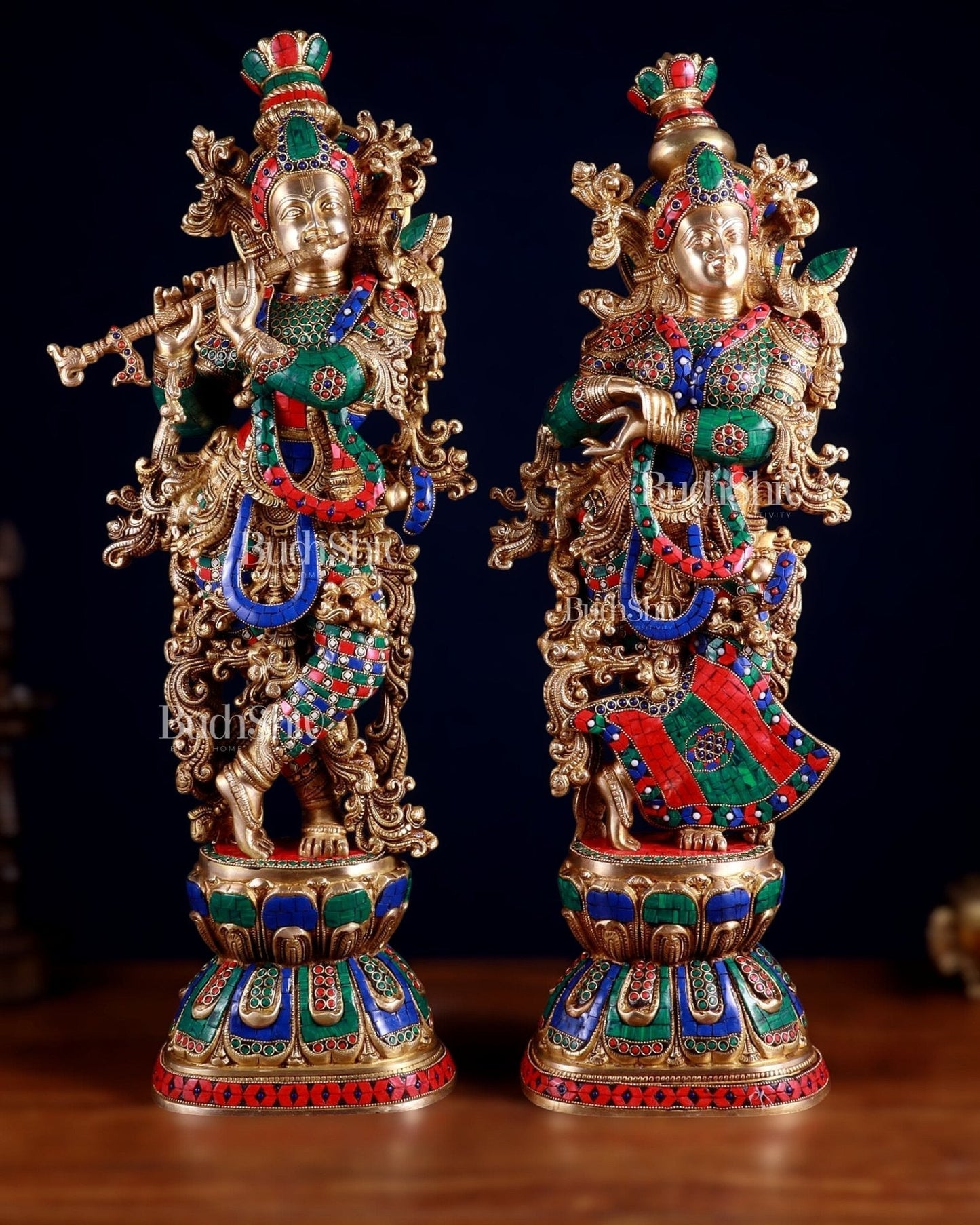 Brass Radha Krishna Pair 30 inch meenakari artwork | 100% Certified Copper & Brass - Sama Homes Idol - Brass Sculpture