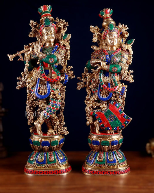Brass Radha Krishna Pair 30 inch meenakari artwork | 100% Certified Copper & Brass - Sama Homes Idol - Brass Sculpture