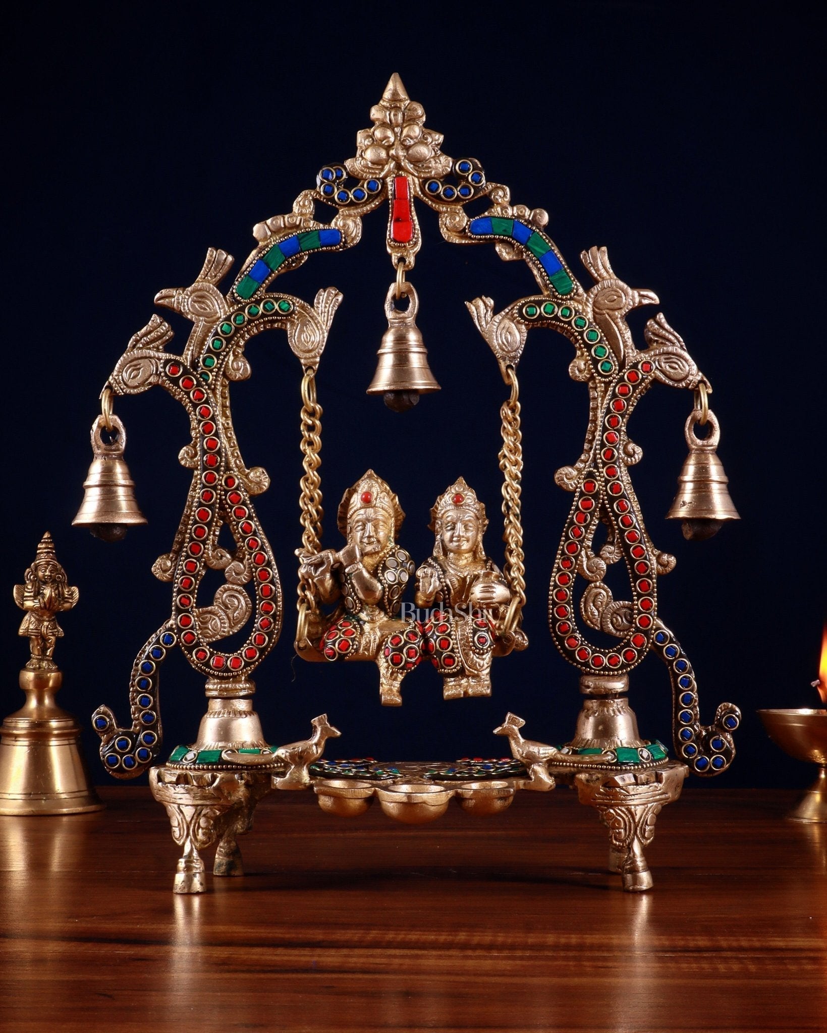 Brass Radha Krishna Swing 13.5 inch with stonework | 100% Certified Copper & Brass - Sama Homes Idol - Brass Sculpture - Eco-friendly - Sama Homes