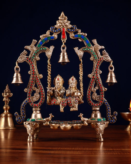 Brass Radha Krishna Swing 13.5 inch with stonework | 100% Certified Copper & Brass - Sama Homes Idol - Brass Sculpture