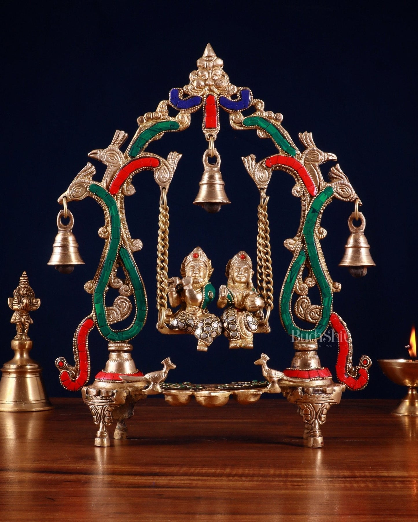 Brass Radha Krishna Swing 13.5 inch with stonework | 100% Certified Copper & Brass - Sama Homes Idol - Brass Sculpture