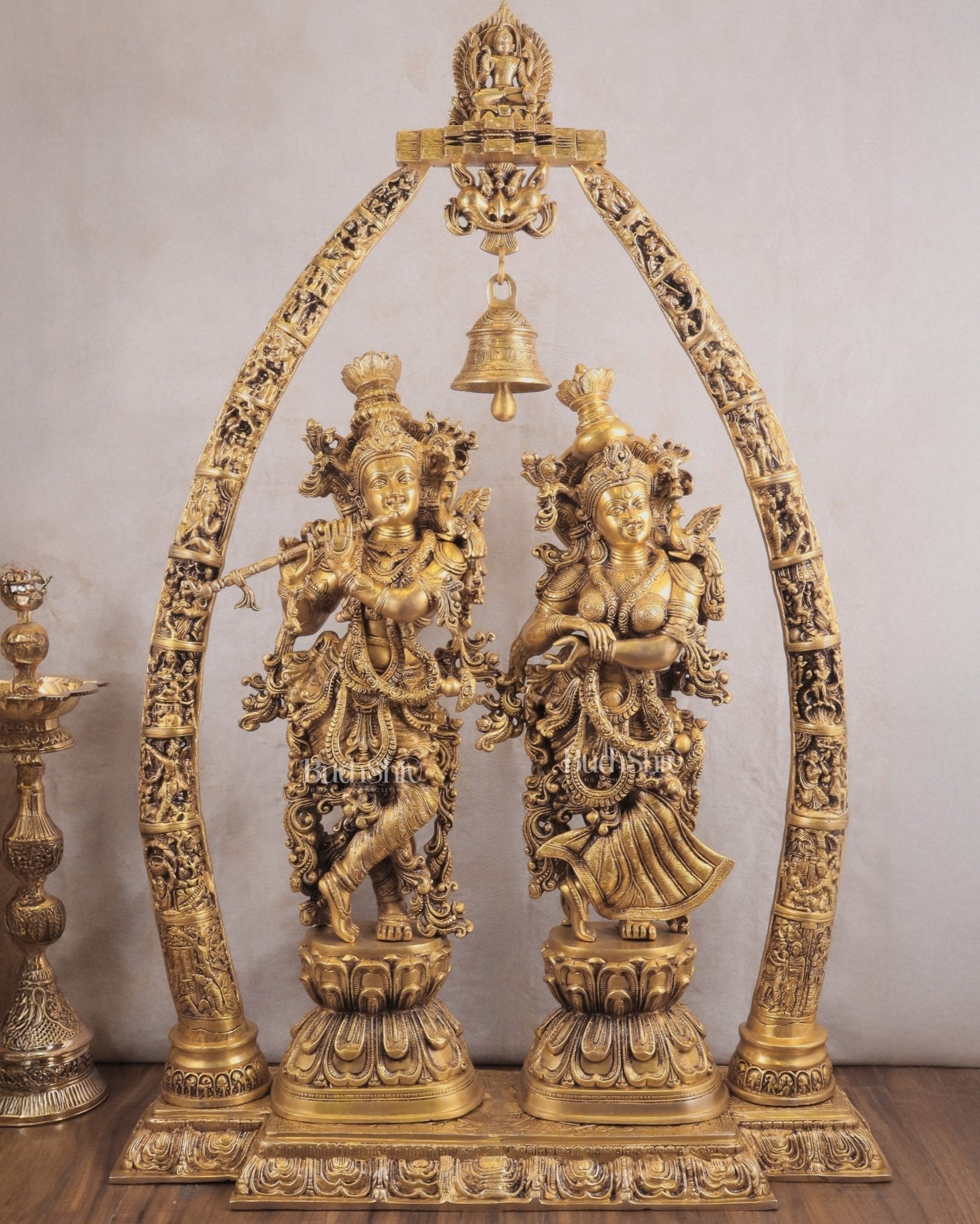 Brass Radha Krishna Temple Arch with Krishna Leelas – Superfine Carvings 45" | 100% Certified Copper & Brass - Sama Homes Idol - Brass Sculpture - Eco-friendly - Sama Homes