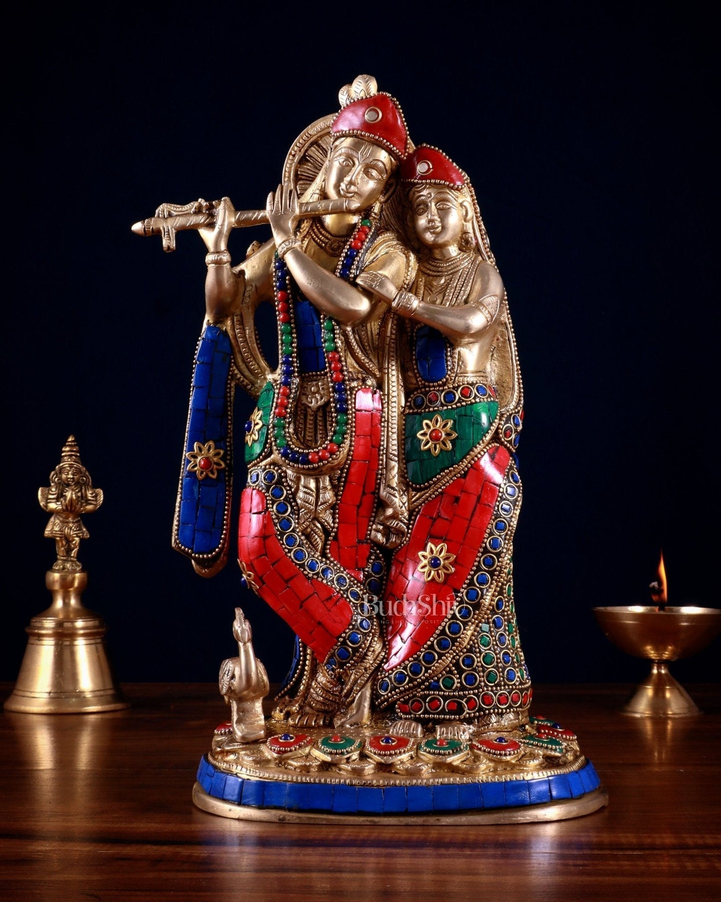 Brass Radha Krishna together Idol 12 stonework | 100% Certified Copper & Brass - Sama Homes Idol - Brass Sculpture