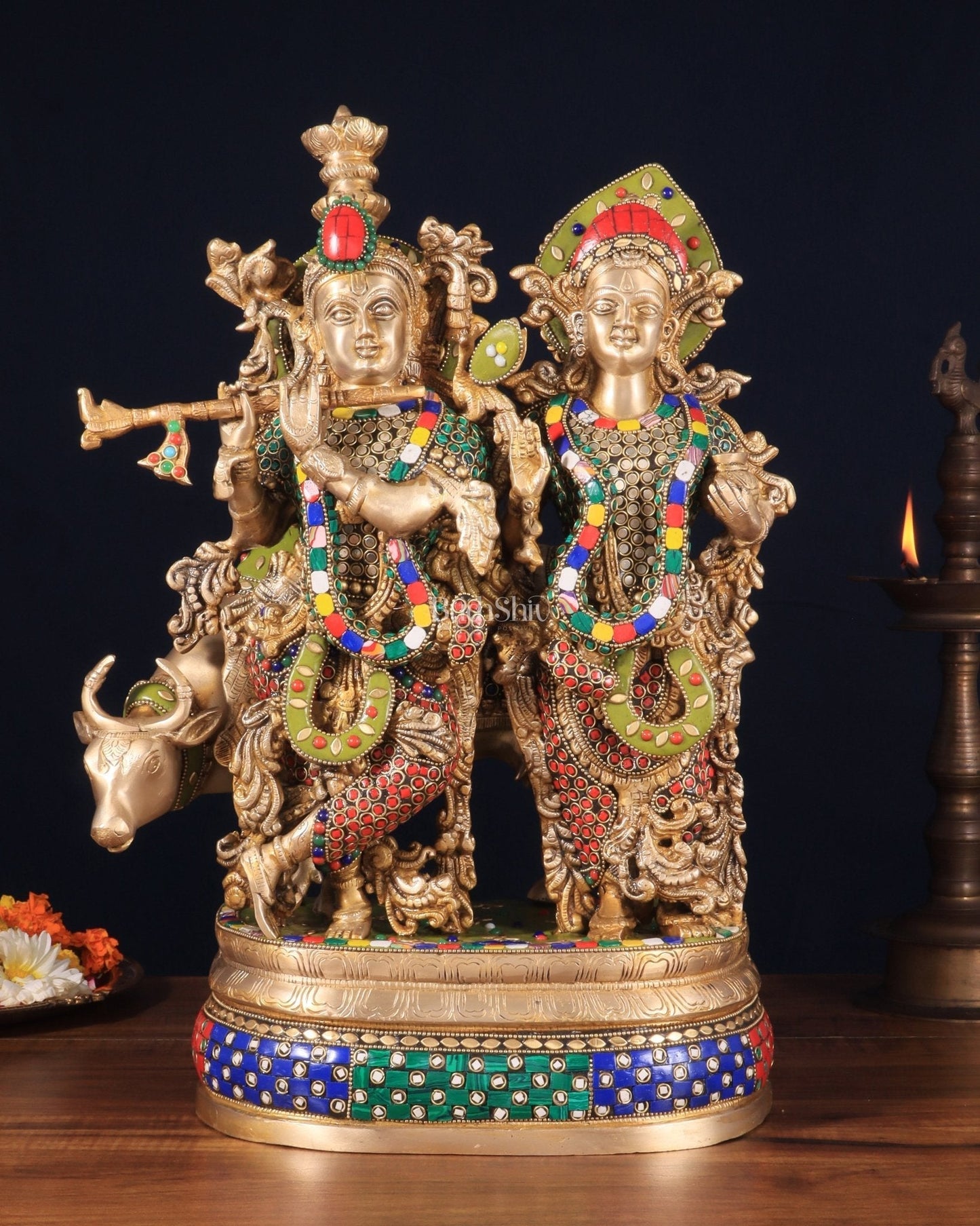 Brass Radha Krishna with cow Idol | 18" with stonework | 100% Certified Copper & Brass - Sama Homes Idol - Brass Sculpture