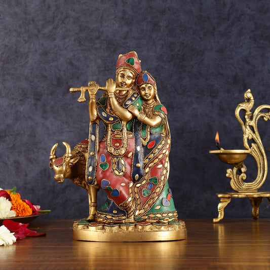 Brass Radha krishna with cow idol with meenakari 10.5" | 100% Certified Copper & Brass - Sama Homes Idol - Brass Sculpture