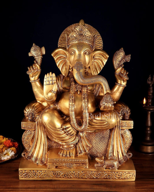 Brass Ganesha large Statue 25" | 100% Certified Copper & Brass - Sama Homes Idol - Brass Sculpture