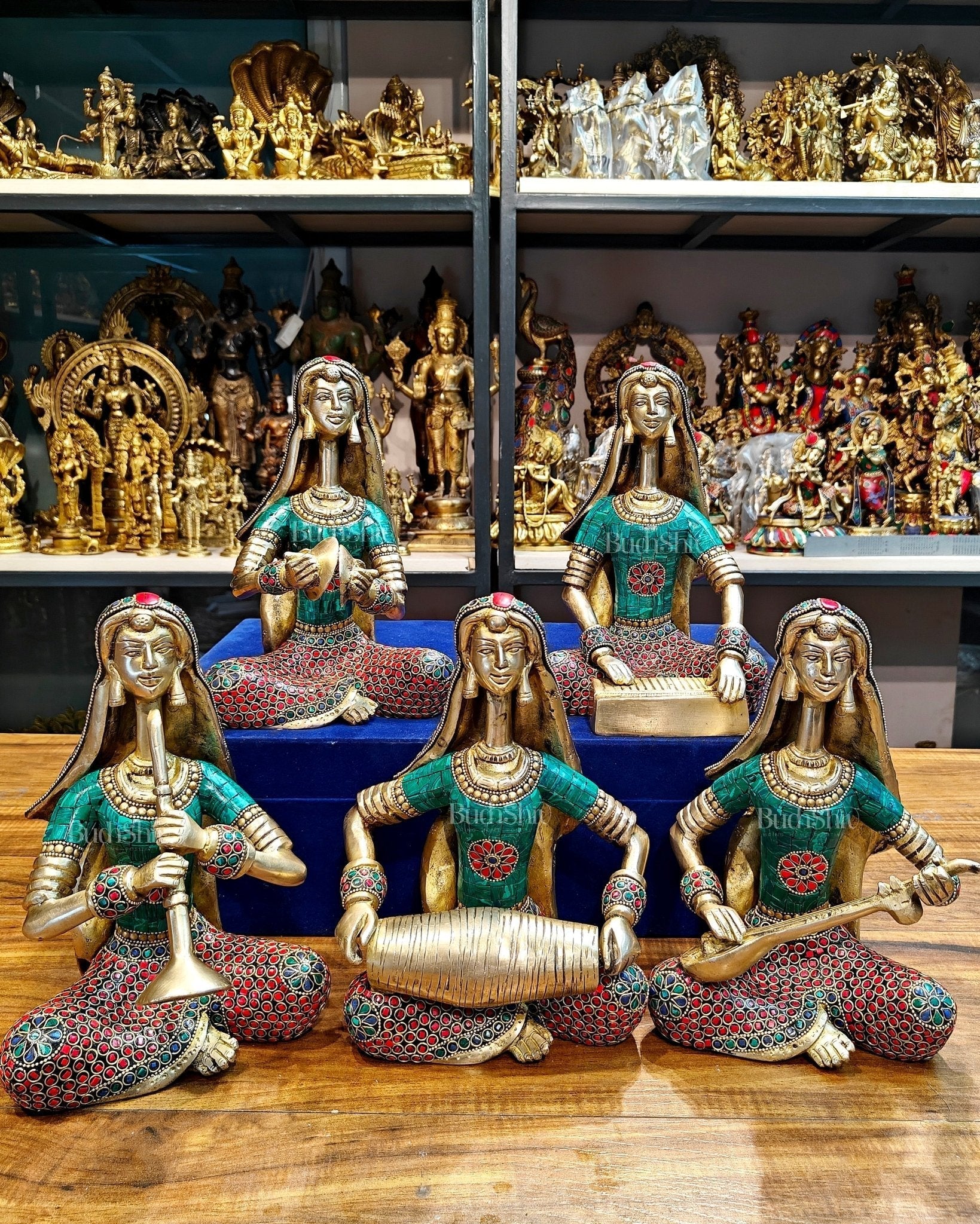 Brass Rajasthani Lady Musicians Set of 5 Showpieces | 10 inch | 100% Certified Copper & Brass - Sama Homes Idol - Brass Sculpture - Eco-friendly - Sama Homes