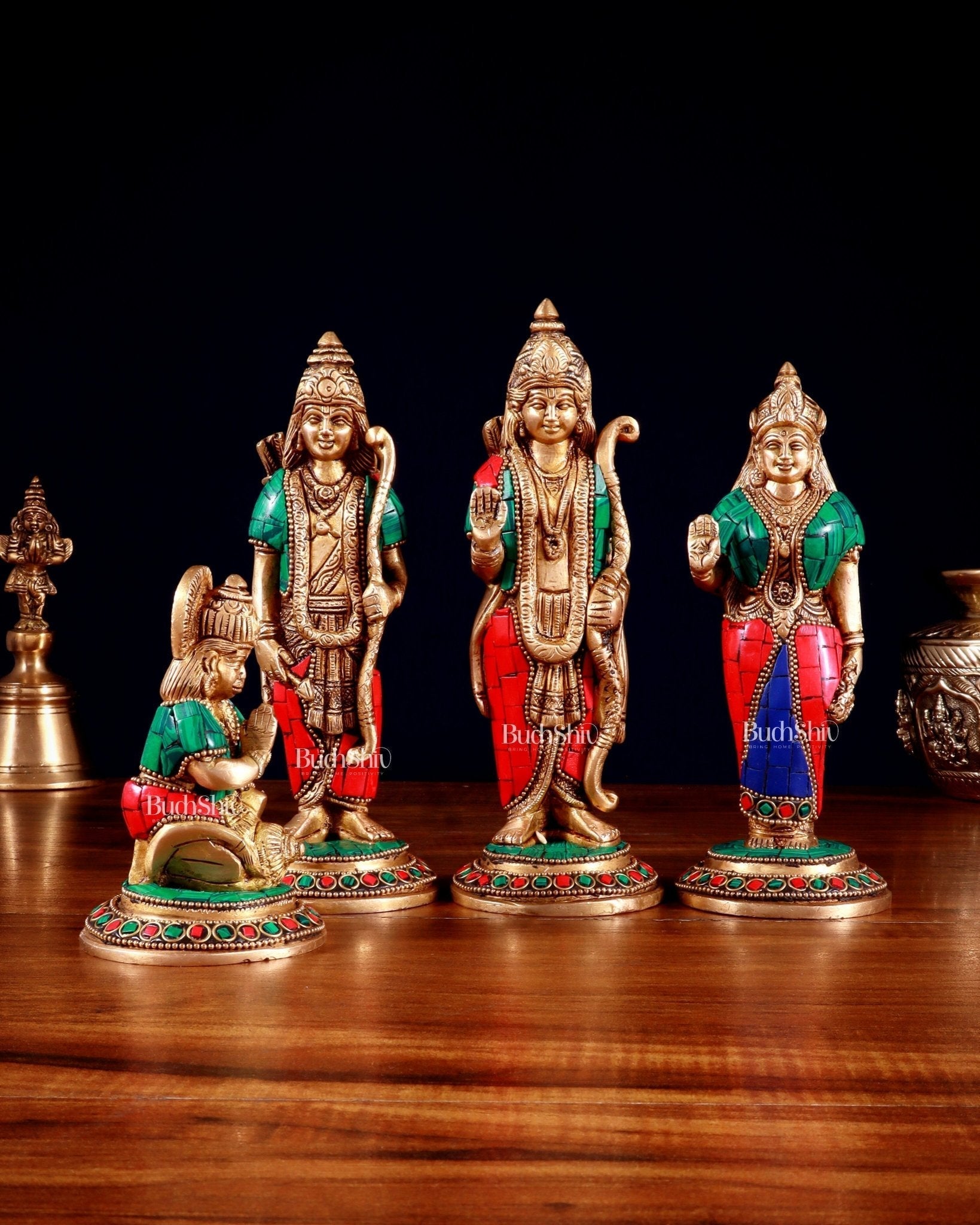 Brass Ramdarbar Idols Set - Lord Ram, Sita, Lakshman, Hanuman 8" stonework | 100% Certified Copper & Brass - Sama Homes Idol - Brass Sculpture - Eco-friendly - Sama Homes