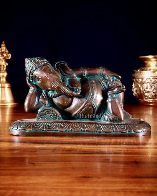 Brass Resting Lord Ganesha Statue 7.5" Chola bronze tone | 100% Certified Copper & Brass - Sama Homes Idol - Brass Sculpture
