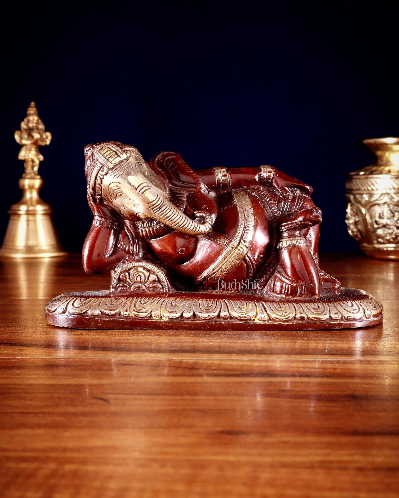 Brass Resting Lord Ganesha Statue 7.5" double tone | 100% Certified Copper & Brass - Sama Homes Idol - Brass Sculpture - Eco-friendly - Sama Homes