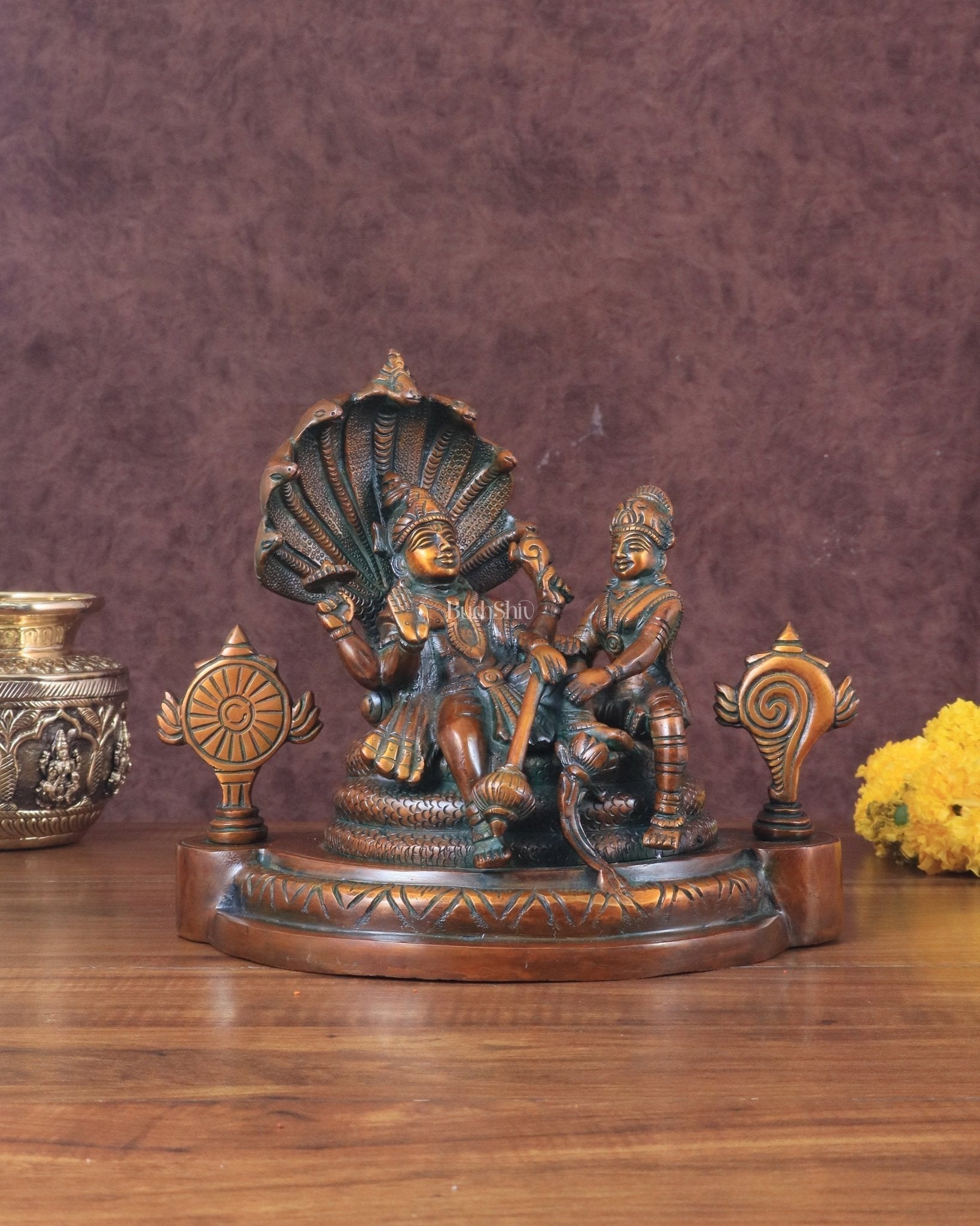 Brass Resting Vishnu Lakshmi Narayan with Shankh Chakra Statue - 8.5 Inch brown | 100% Certified Copper & Brass - Sama Homes Idol - Brass Sculpture - Eco-friendly - Sama Homes