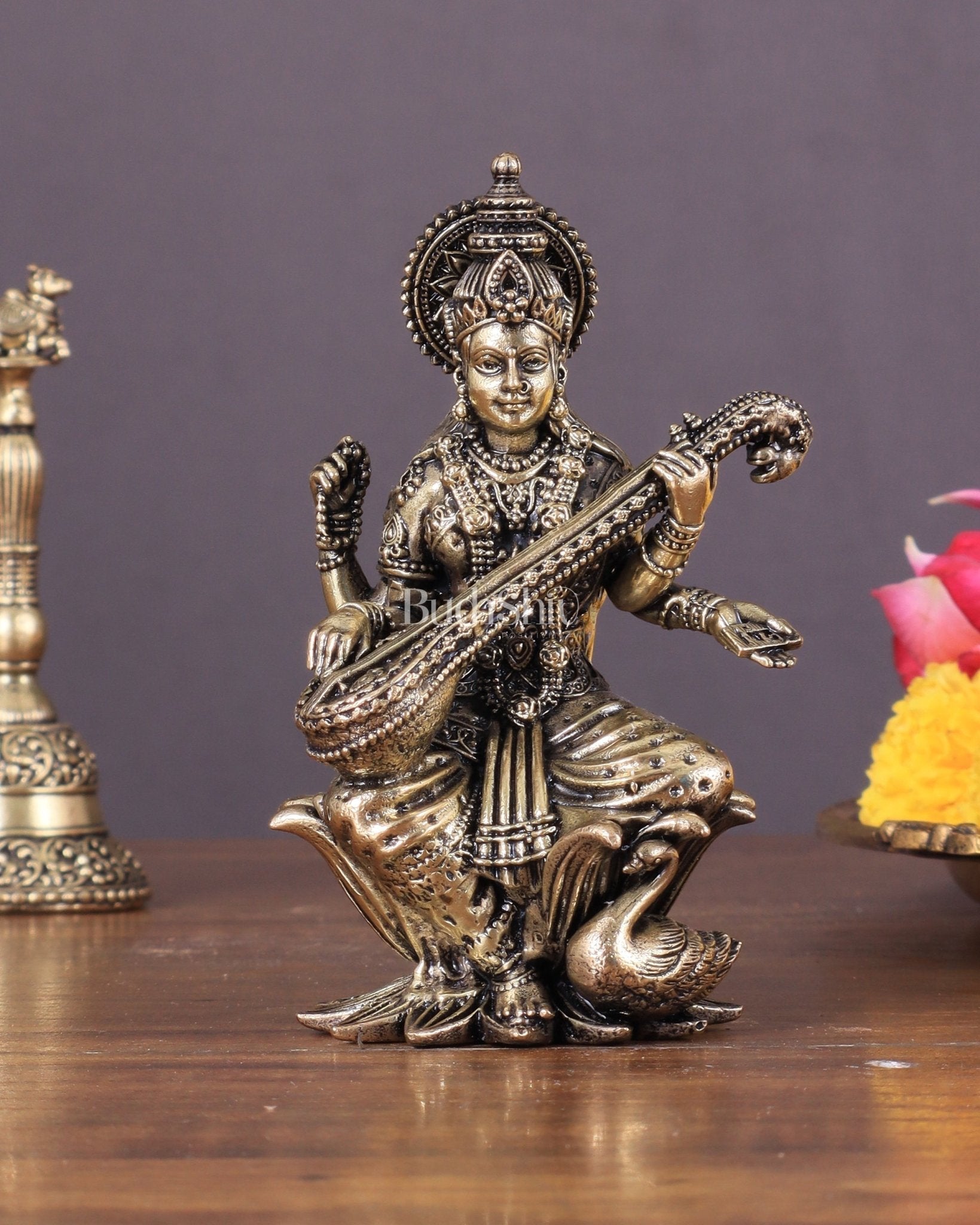 Brass Saraswati Idol Seated on Lotus 4 inch | 100% Certified Copper & Brass - Sama Homes Idol - Brass Sculpture - Eco-friendly - Sama Homes