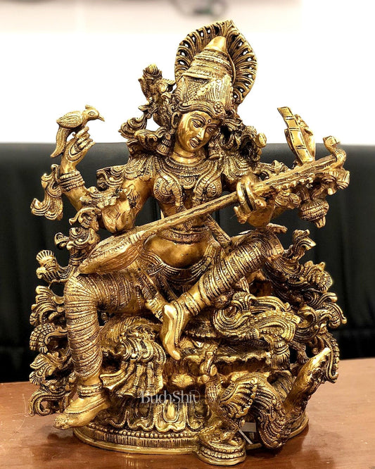 Exquisite Superfine Brass Saraswati Idol - 16" Divine Sculpture - Sama Homes Idol - Brass Sculpture