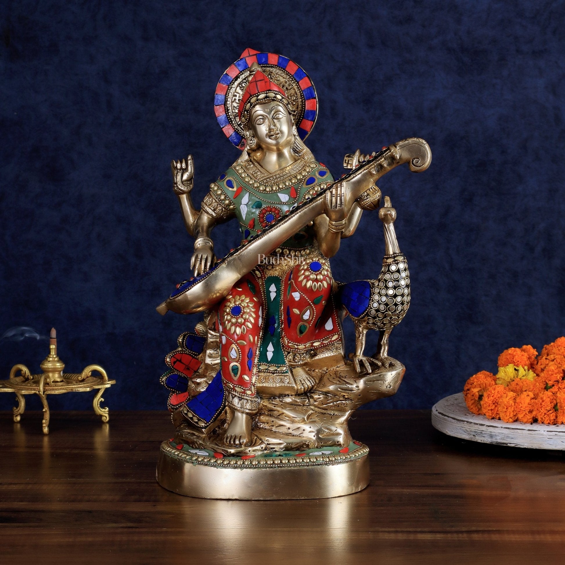 Brass Saraswati Sitting on Swan Idol - 15 Inch | 100% Certified Copper & Brass - Sama Homes Idol - Brass Sculpture - Eco-friendly - Sama Homes