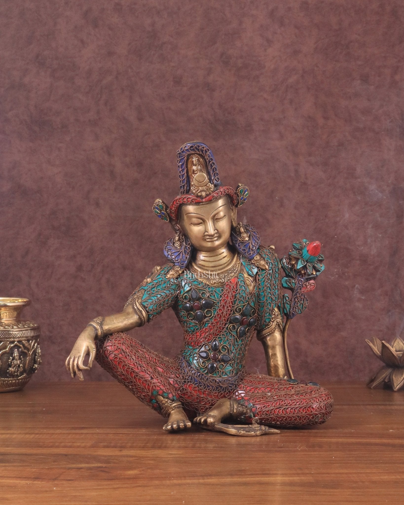 Brass Seated Indra Statue with Nepalese Copper Wire Inlay - 12" | 100% Certified Copper & Brass - Sama Homes Idol - Brass Sculpture - Eco-friendly - Sama Homes