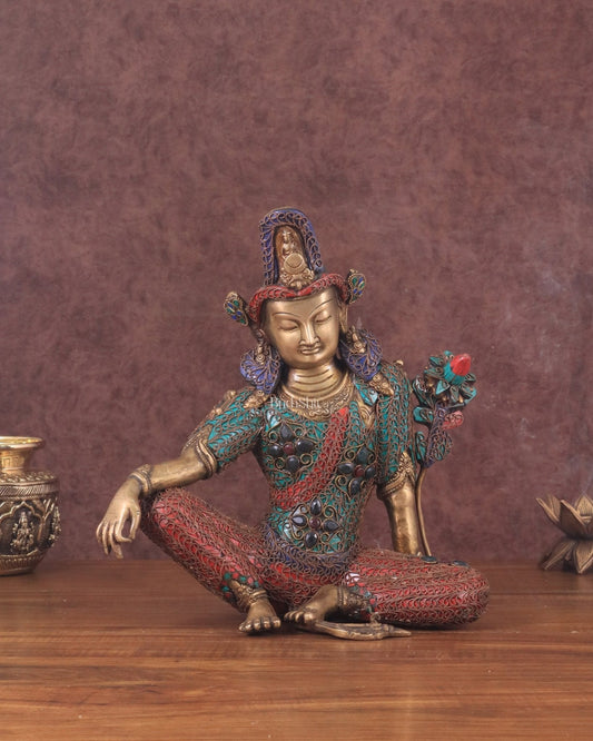 Brass Seated Indra Statue with Nepalese Copper Wire Inlay - 12" | 100% Certified Copper & Brass - Sama Homes Idol - Brass Sculpture