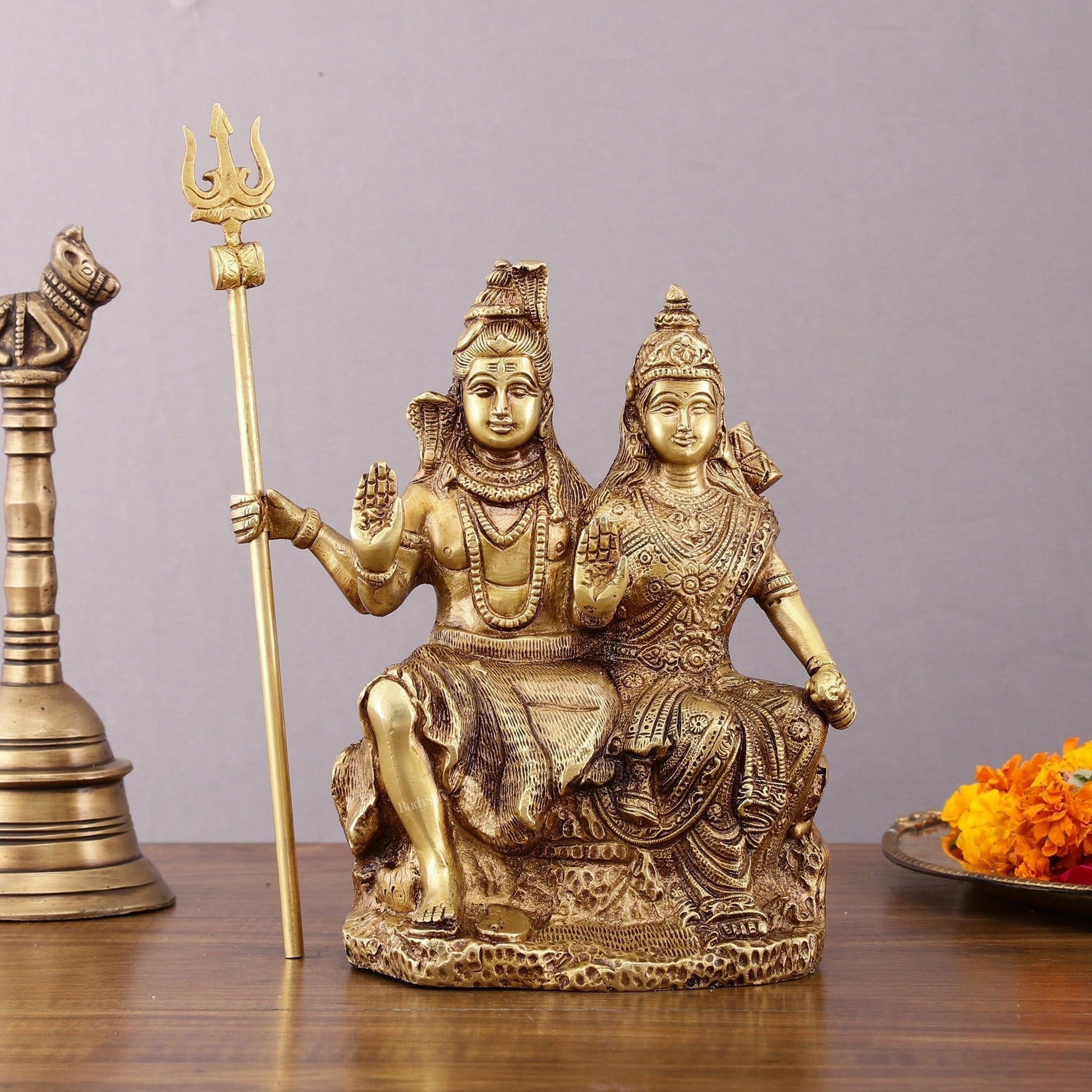 Brass Seated Shiv Parvati Idol – 9 inch matte finish | 100% Certified Copper & Brass - Sama Homes Idol - Brass Sculpture - Eco-friendly - Sama Homes