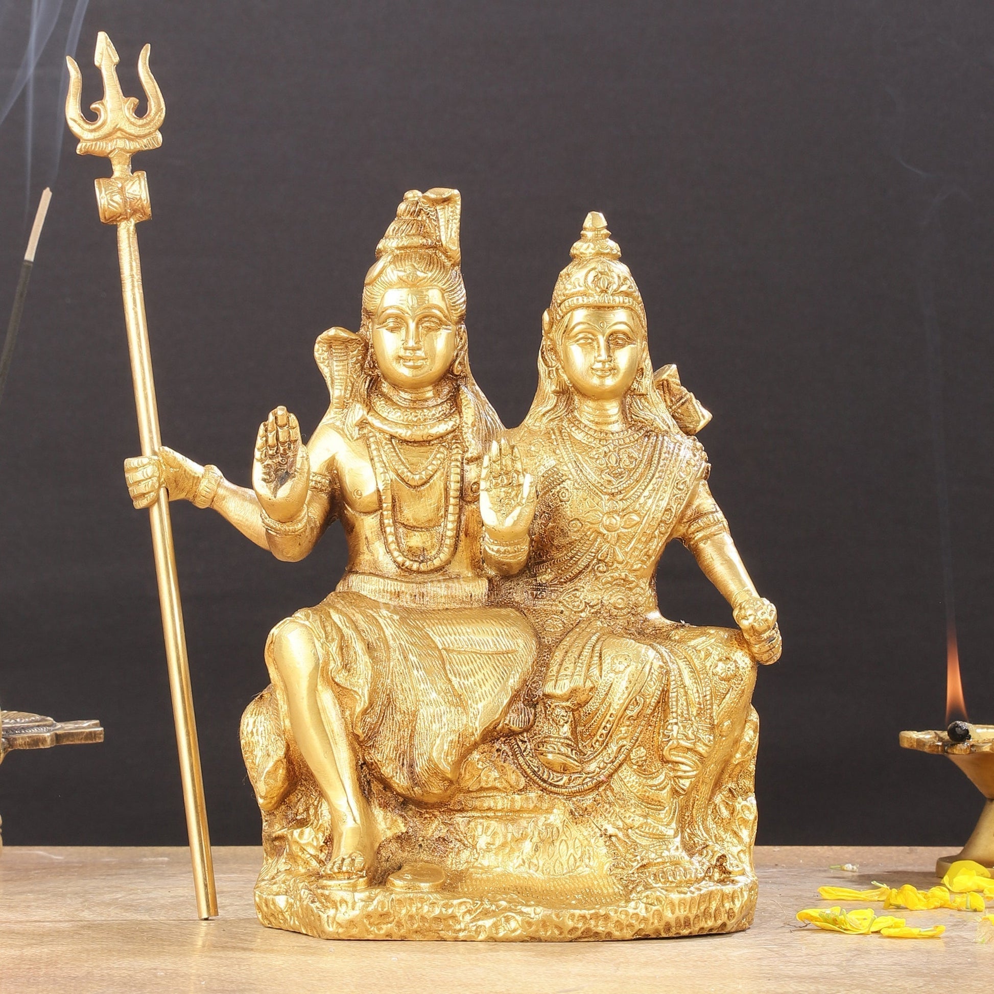 Brass Seated Shiv Parvati Idol 9" | 100% Certified Copper & Brass - Sama Homes Idol - Brass Sculpture - Eco-friendly - Sama Homes