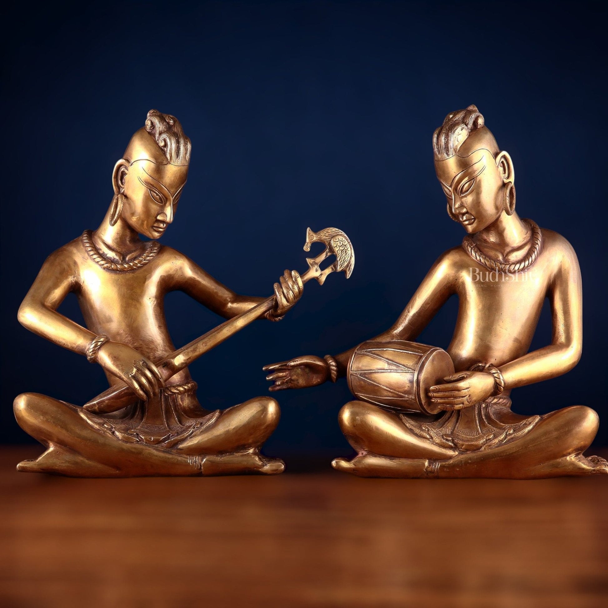 Brass Set of 2 Tansen Musicians – 18 Inch sitar and dholak player | 100% Certified Copper & Brass - Sama Homes Idol - Brass Sculpture - Eco-friendly - Sama Homes