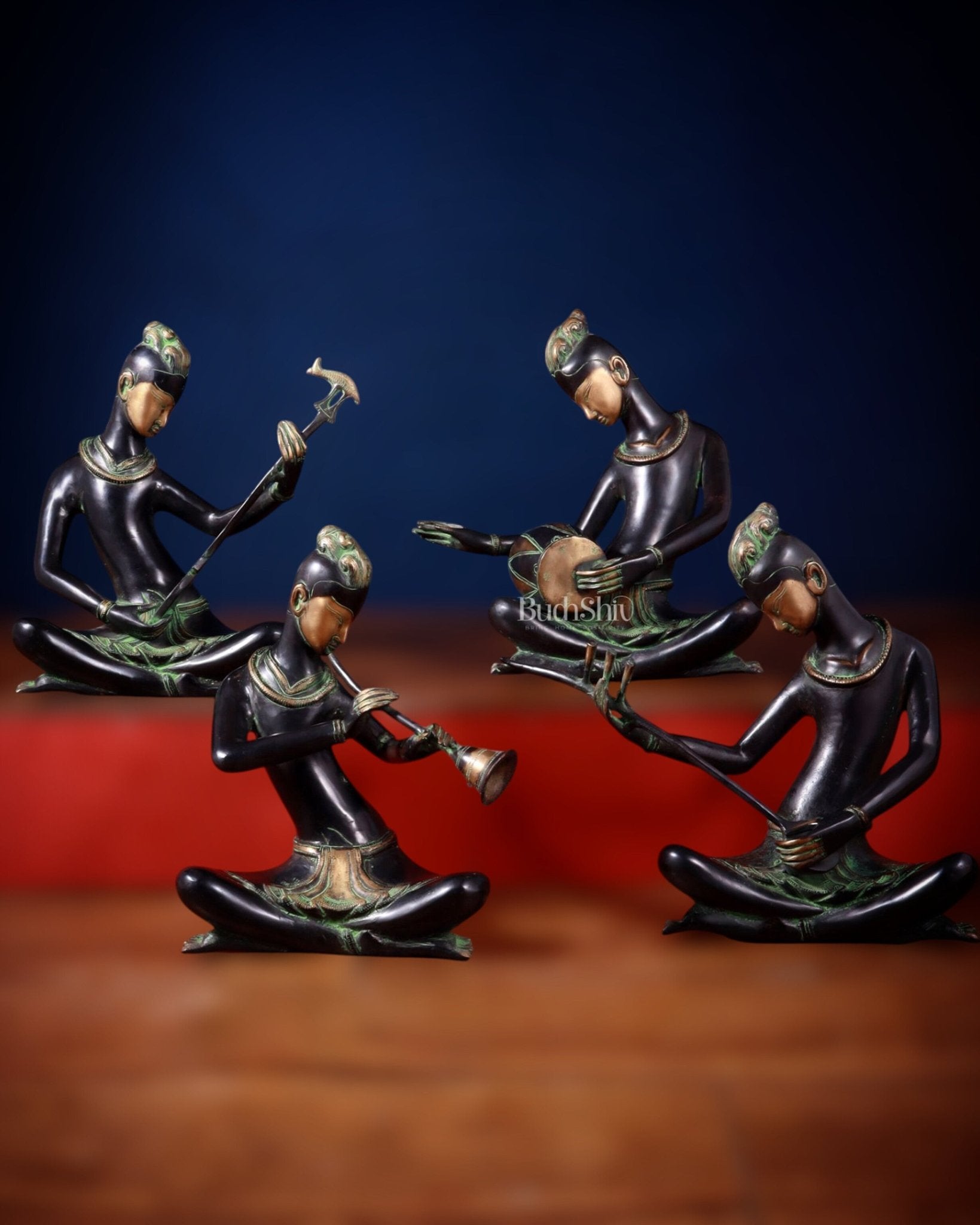 Brass Set of 4 Tansen Musicians – 13" | 100% Certified Copper & Brass - Sama Homes Idol - Brass Sculpture - Eco-friendly - Sama Homes
