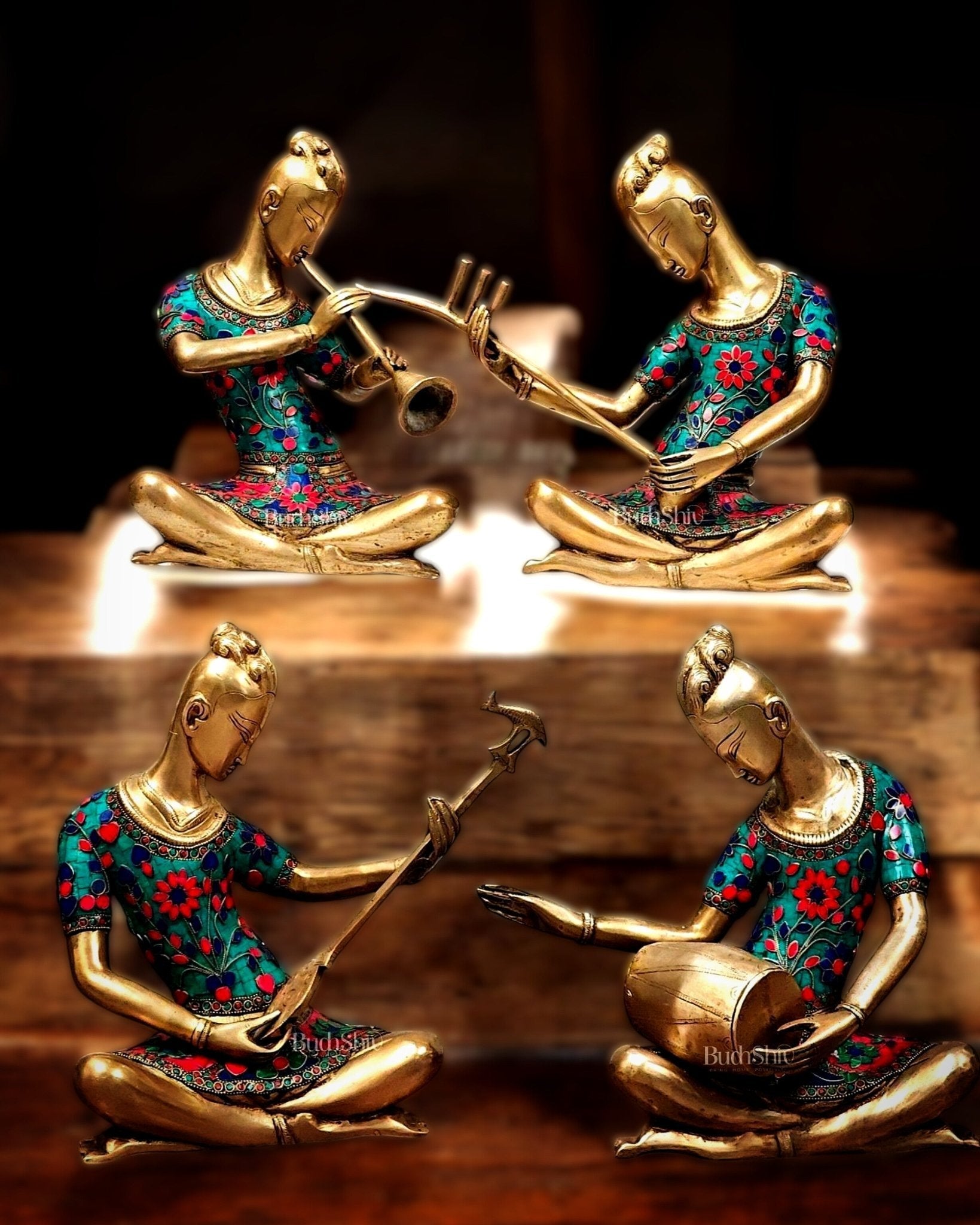 Brass Set of 4 Tansen Musicians with stonework - 13 inch | 100% Certified Copper & Brass - Sama Homes Idol - Brass Sculpture - Eco-friendly - Sama Homes