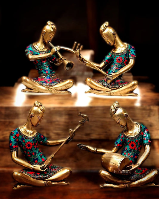 Brass Set of 4 Tansen Musicians with stonework - 13 inch | 100% Certified Copper & Brass - Sama Homes Idol - Brass Sculpture